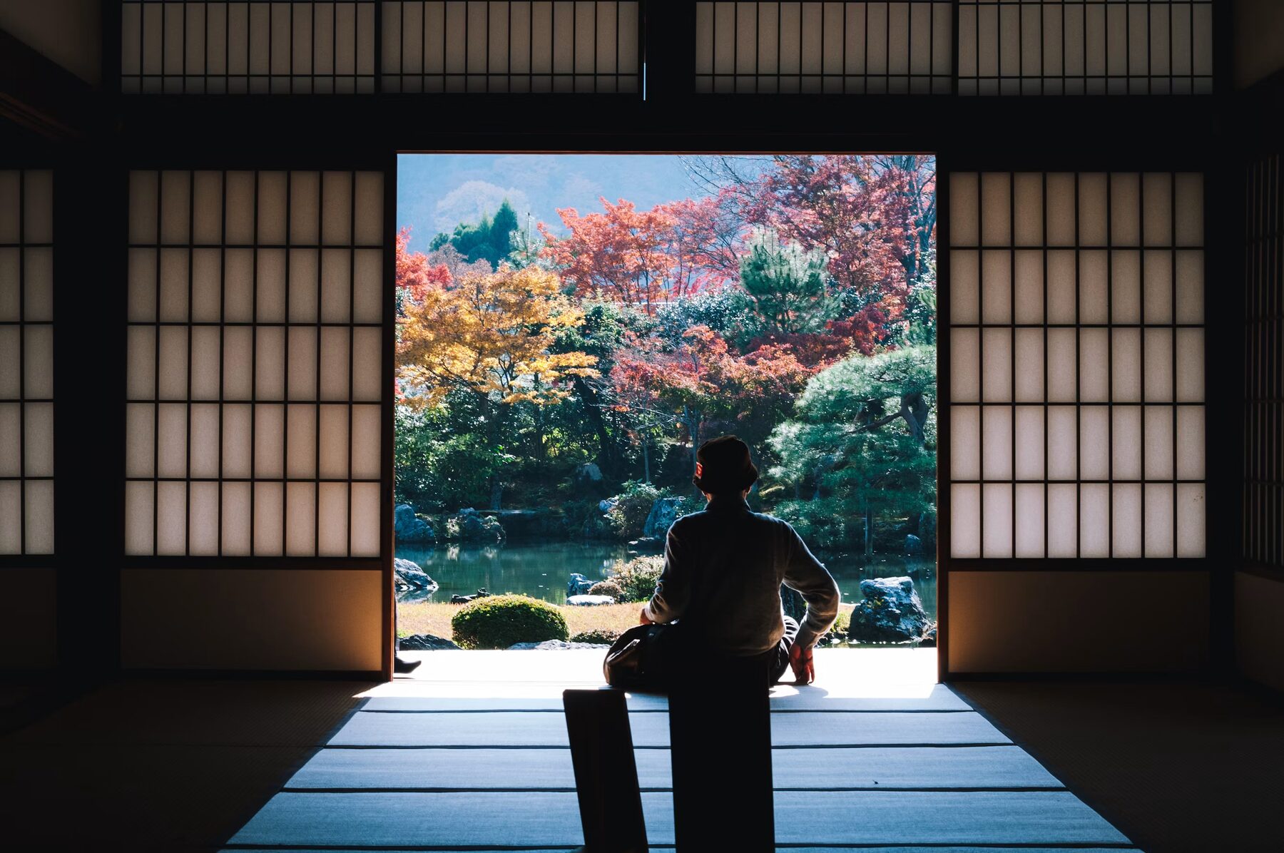 A quiet tatami room overlooking a Kyoto garden